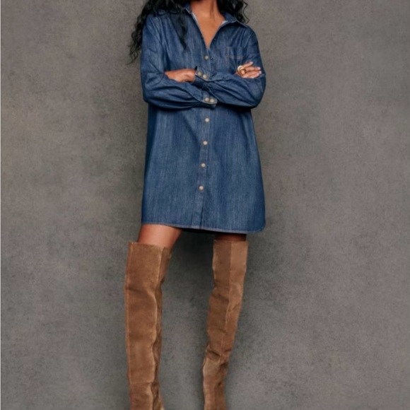 Sezane Dresses & Skirts - Sezane Denim Shirt Dress in Deep Blue with Brown Boots